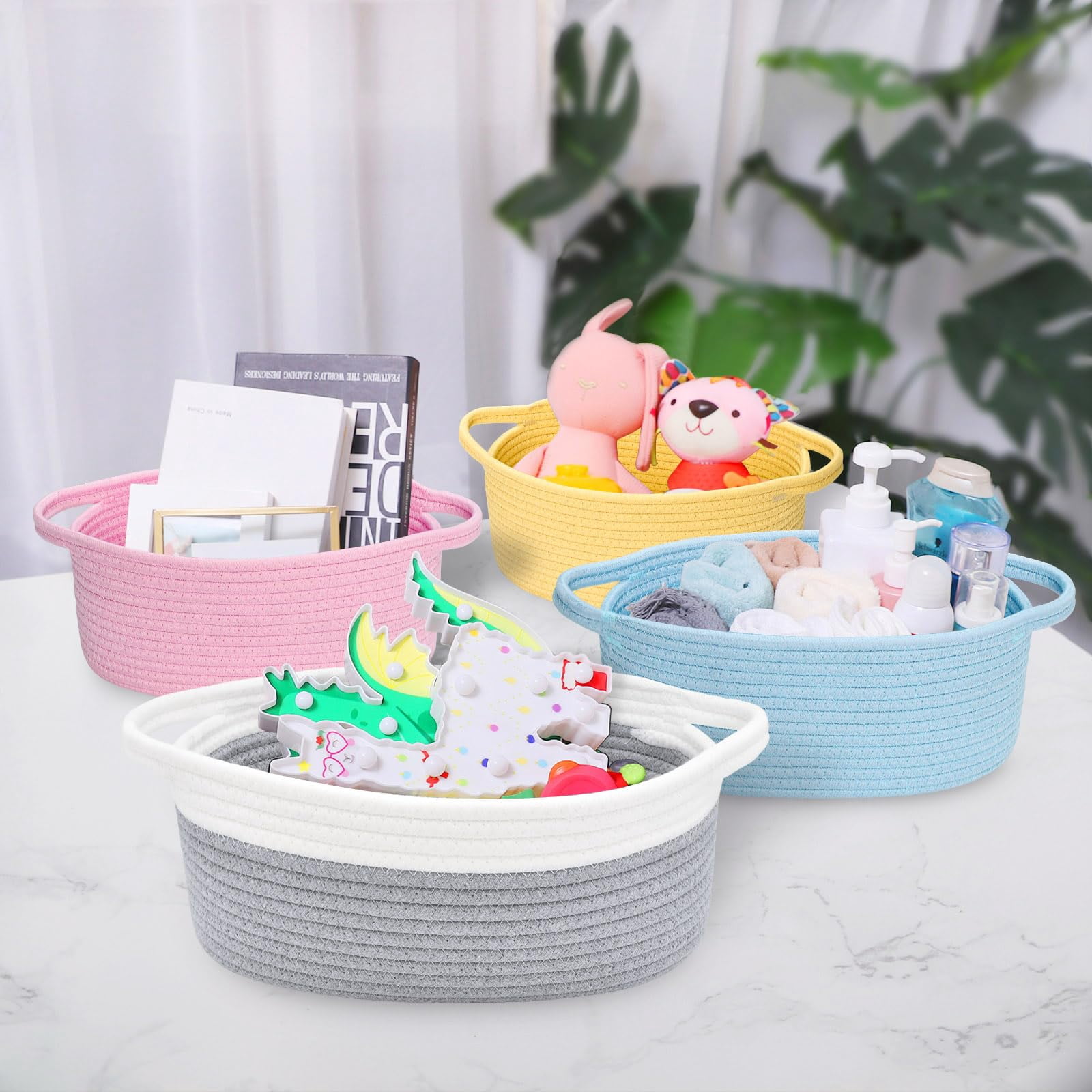Small Basket with Handles, Boho Decorative Rope Woven Storage Bin Organizer, Pet Toy Storage, Easter and Holiday Gift Basket, 12"x8"x5", White