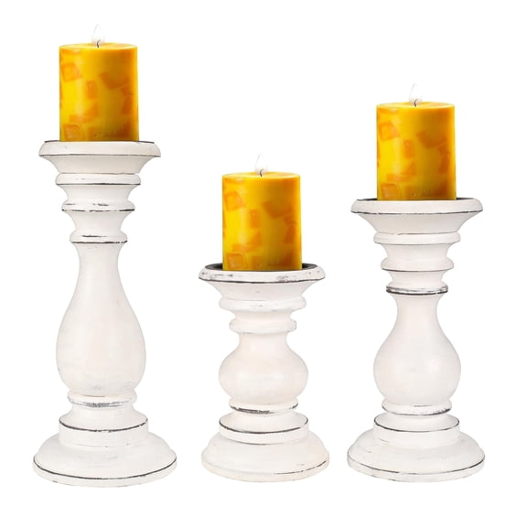 The Wooden Town Pillar Candle Holder Set of 3, Antique White Wooden Candle Stands