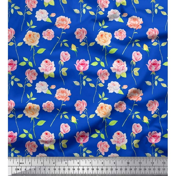Soimoi Blue Cotton Duck Fabric Leaves & Grandiflora Roses Floral Print Fabric by the Yard 42 Inch Wide