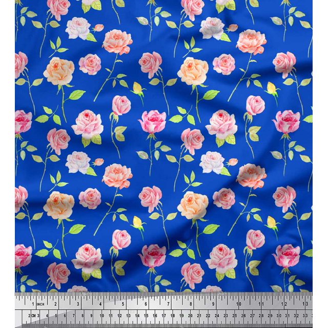 Soimoi Blue Moss Georgette Fabric Leaves & Grandiflora Roses Floral Print Fabric by the Yard 42 Inch Wide