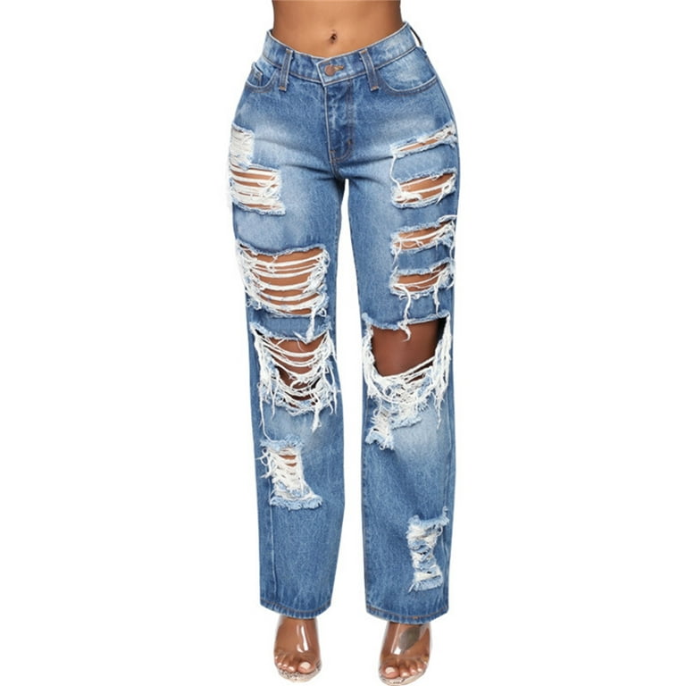 Women High Waisted Baggy Ripped Jeans Boyfriend Fashion Large