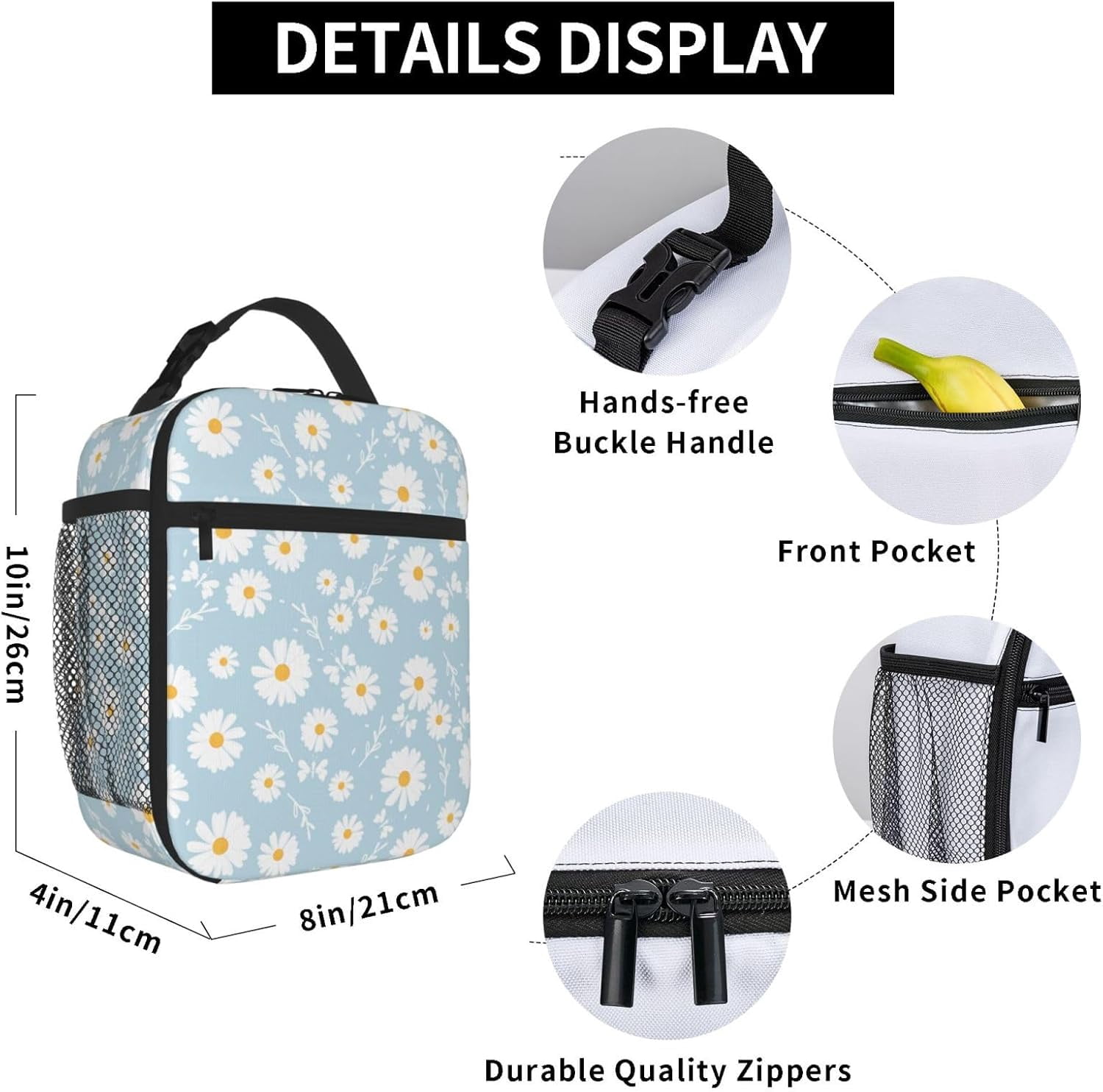 Blue Daisy Flower Insulated Lunch Bag Kids Lunch Box for Girls Boys Bento Lunch Box Cooler Bag with Front Pocket Cute Lunch Tote Bag Lunchbox for Work Office School Picnic