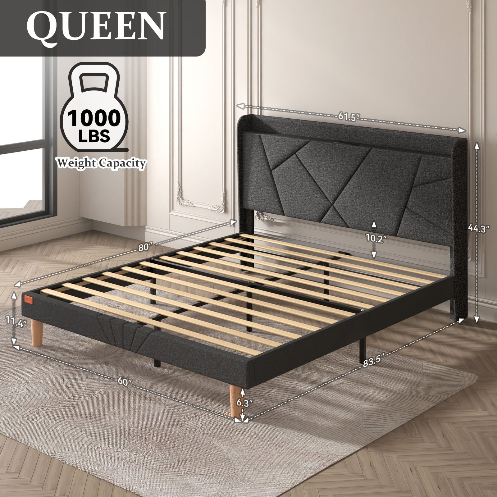 NISIEN Queen Bed Frame with Charging Station, Upholstered Platform Bed with Wingback Storage Headboard, Dark Gray