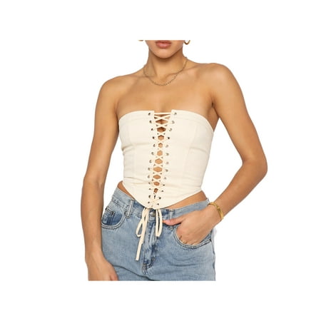 

Genuiskids Women Bandage Corset Tube Tanks Tops with Adjustable Cross Straps Solid Color Casual Skinny Bustier Punk Club Streetwear