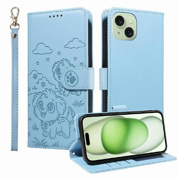 Funda Cartera GANGXUN con Diseño de Perrito en Relieve para iPhone 15 , Protección 360° con Ranuras y Correa Desmontable