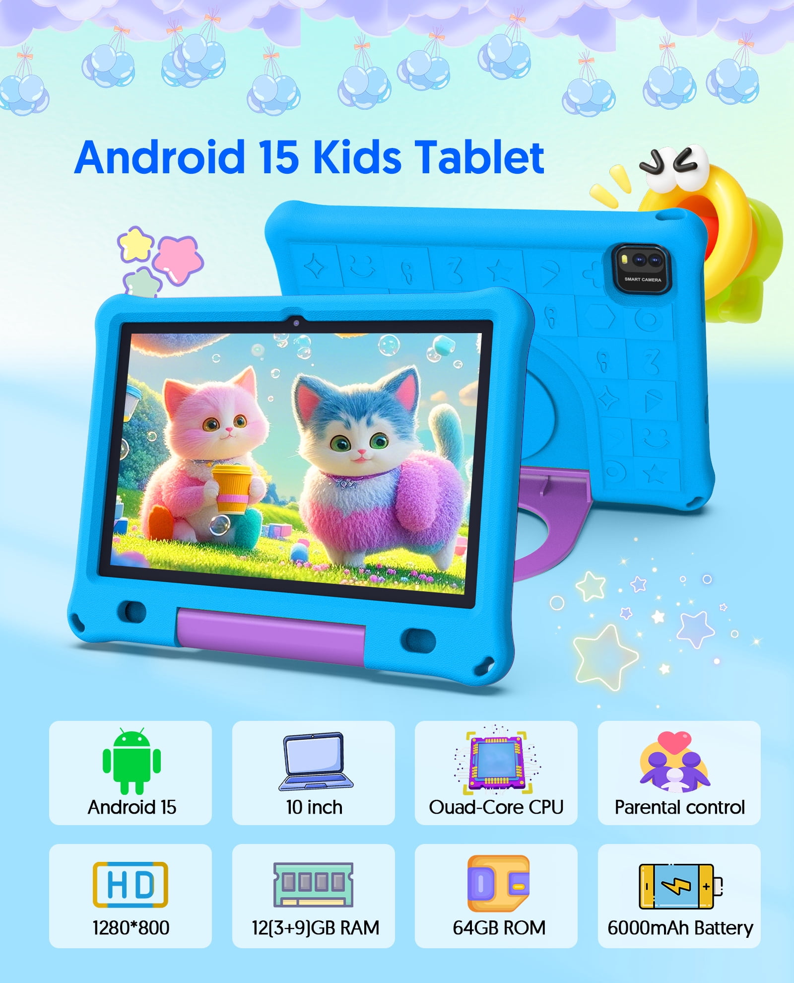 FITIFUN 10.1 inch Kids Tablet Android 15, 3GB RAM 64GB ROM 1TB Expand, Quad-Core, 5G/2.4G WiFi, 6000mAh, HD Display, Parental Control, Blue