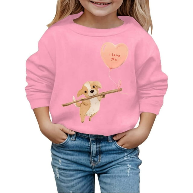 PMVFHDE Chandails en Molleton à Col Rond Fille Automne et Hiver Saint-Valentin Imprimé Chiot à Capuche pour Enfants Rose, 4-5 Ans
