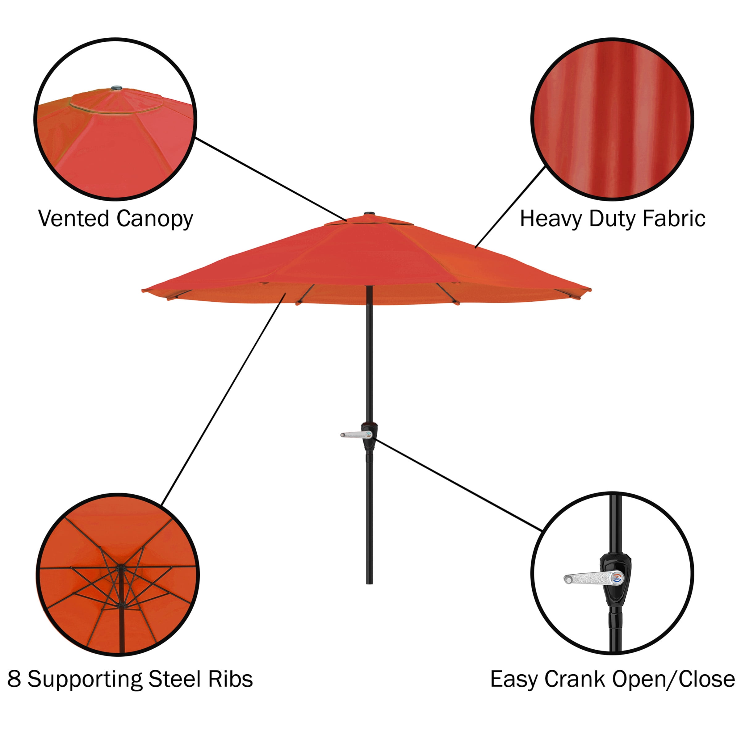 Pure Garden 9FT Outdoor Vented Patio Umbrella with Easy Crank (Orange)