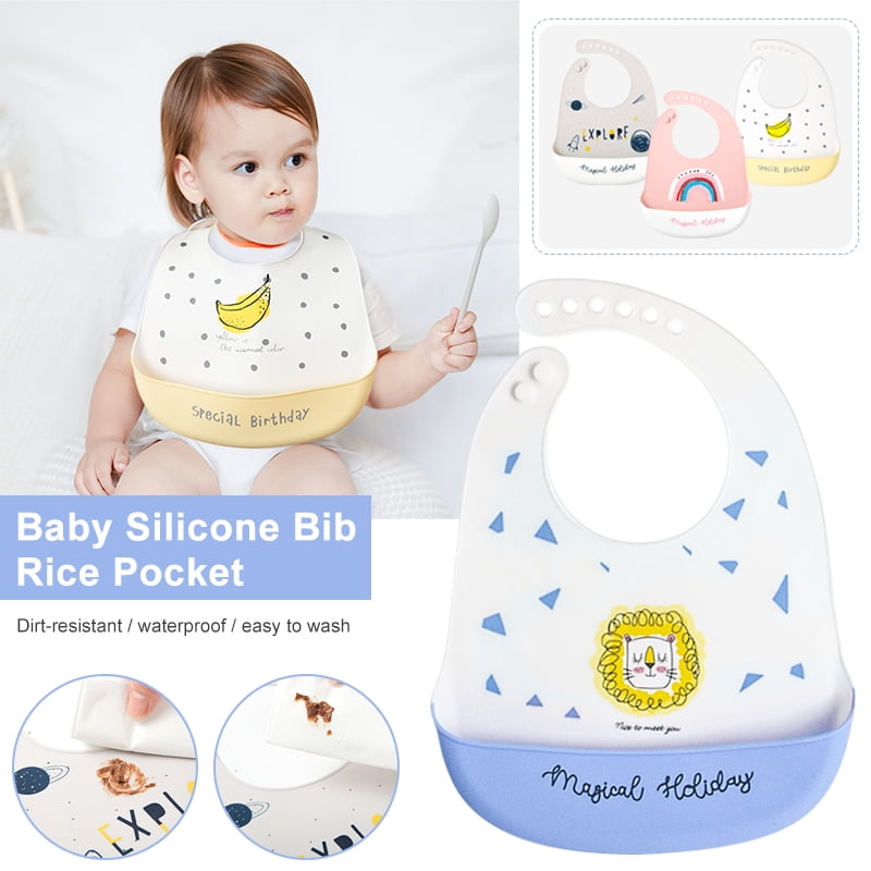 Adjustable Waterproof Silicone Toddlers Baby Bibs With Roll Up Pocket Soft 