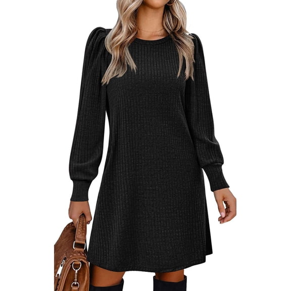SWSMCLT Women's Long Sleeve Dresses Fall Warm Dinner Casual Winter Vacation Fall Puff Sleeve Cute Ruched Stretchy Fitted Black XX-Large