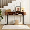thumbnail image 4 of 55 Inch Console Table with 2 Drawers, Entryway Table with Sliding Door, Long Sofa Table Behind Couch w/Metal Leg, Mid-Century Modern Console Table for Entryway, Hallway, Living Room, Walnut, 4 of 7