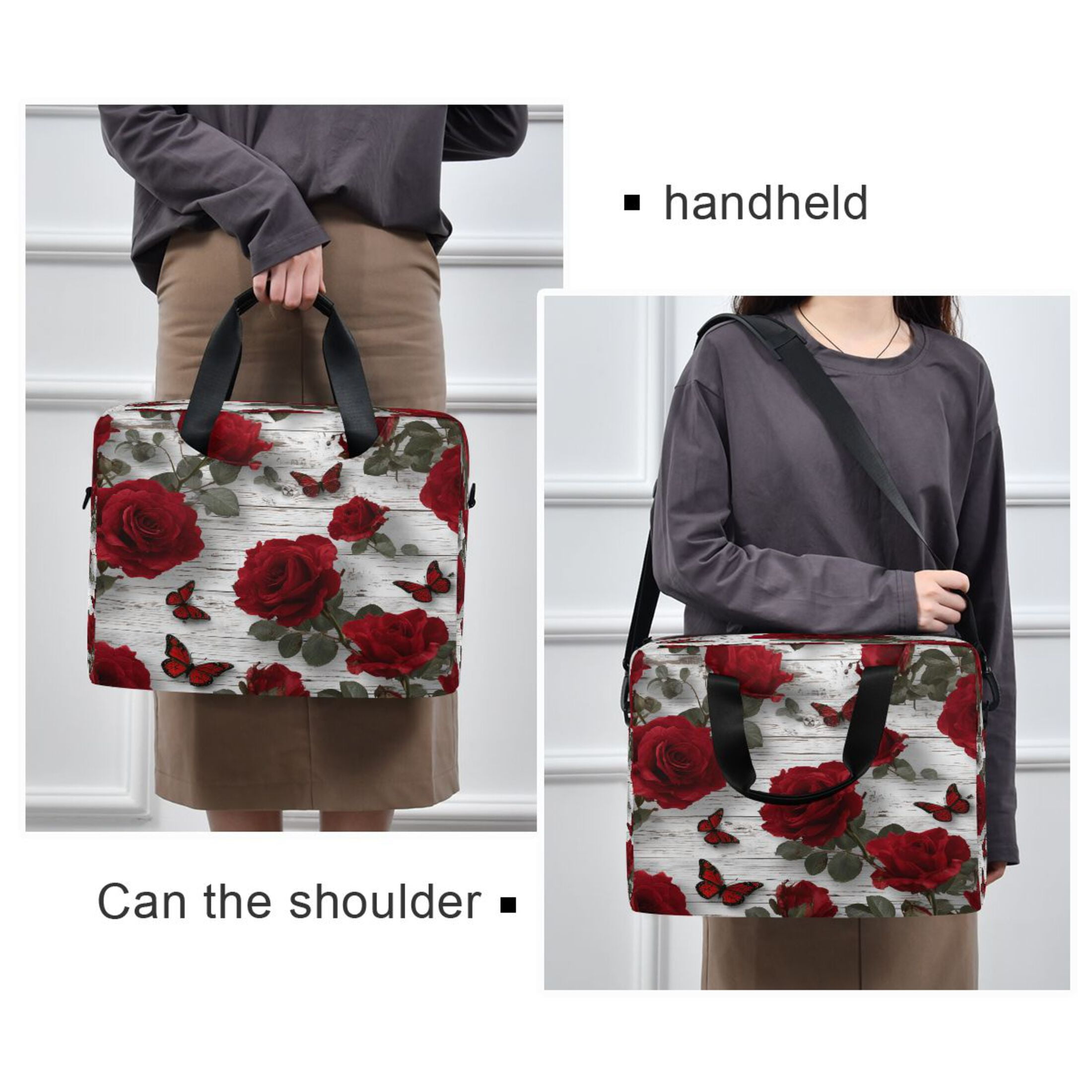 16" Laptop Tote Bag Laptop Sleeve Case Computer Briefcase for Work & Travel Roses and Butterflies Pattern