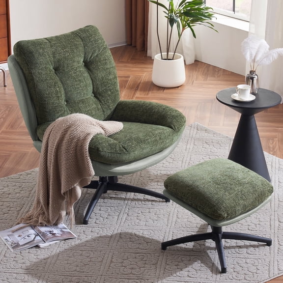 CDCASA Swivel Accent Chair with Ottoman, 360° Swivel Rocking Chair, Oversized Reading Chair for Bedroom, Chenille Lounge Chair for Living Room, Green