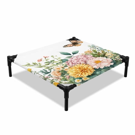 Spring Plant Elevated Dog Bed Pink Yellow Daisy Floral Butterfly Cooling Breathable Outdoor Raised Dog Cot Bed with Metal Frame Non-Slip Feet for Small Dog 20x20in
