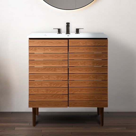 JONATHAN Y Aubert 30 in. W x 18 in. D x 33 in. H, Thick Linear Slat 2-Shelf, Bath Vanity Cabinet ONLY, Walnut, VAN1002B