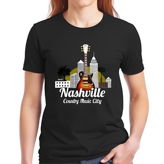 Stylish Black Cotton Short Sleeve T-Shirt with Colorful Nashville Graphic Acoustic Guitar & Design Perfect Souvenir for Music Lovers