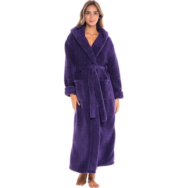 Women's Plush Fleece Robe with Hood, Long Warm Solid Bathrobe