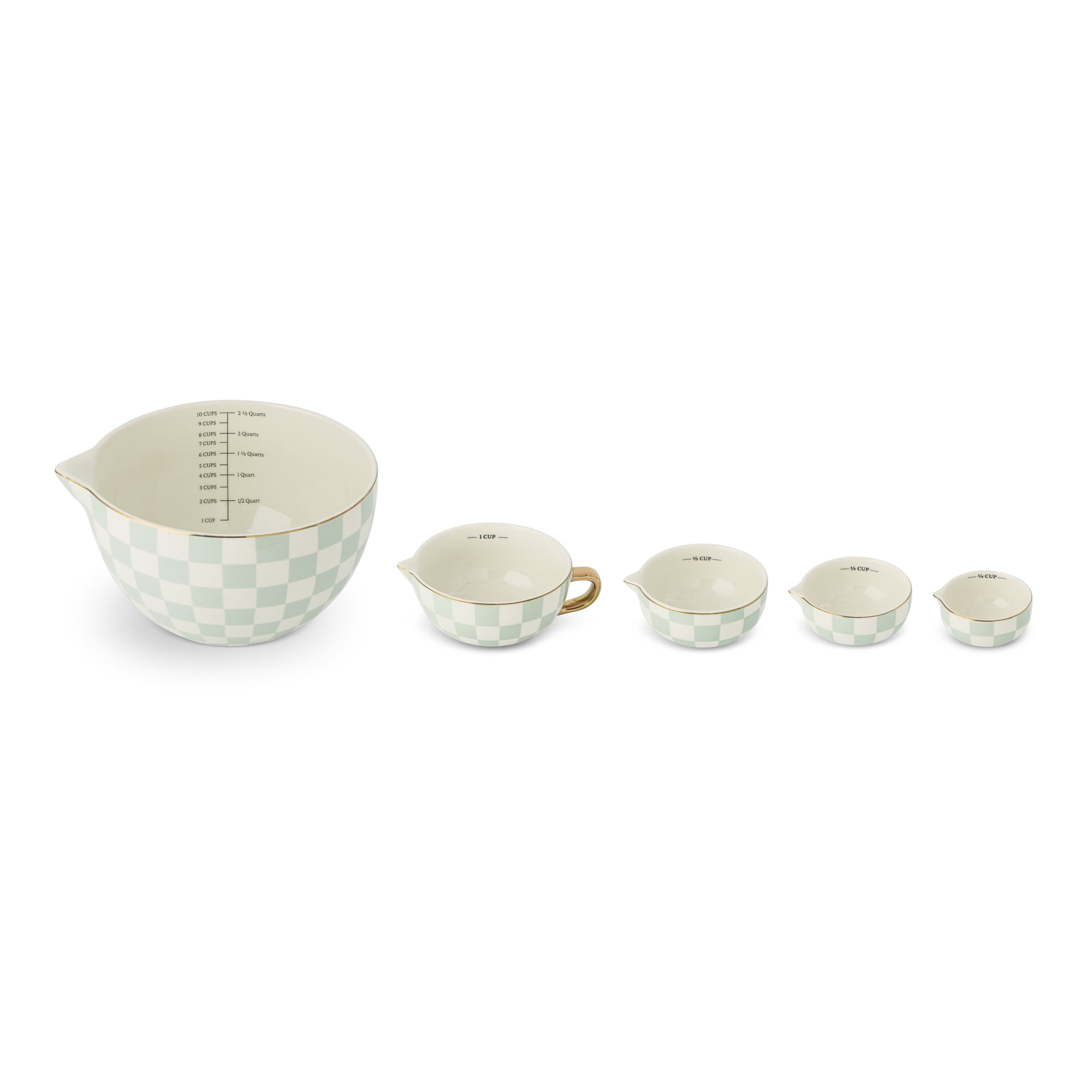 Thyme & Table 5-Piece Ceramic Mixing Bowl and Measuring Set - Mint Checkered