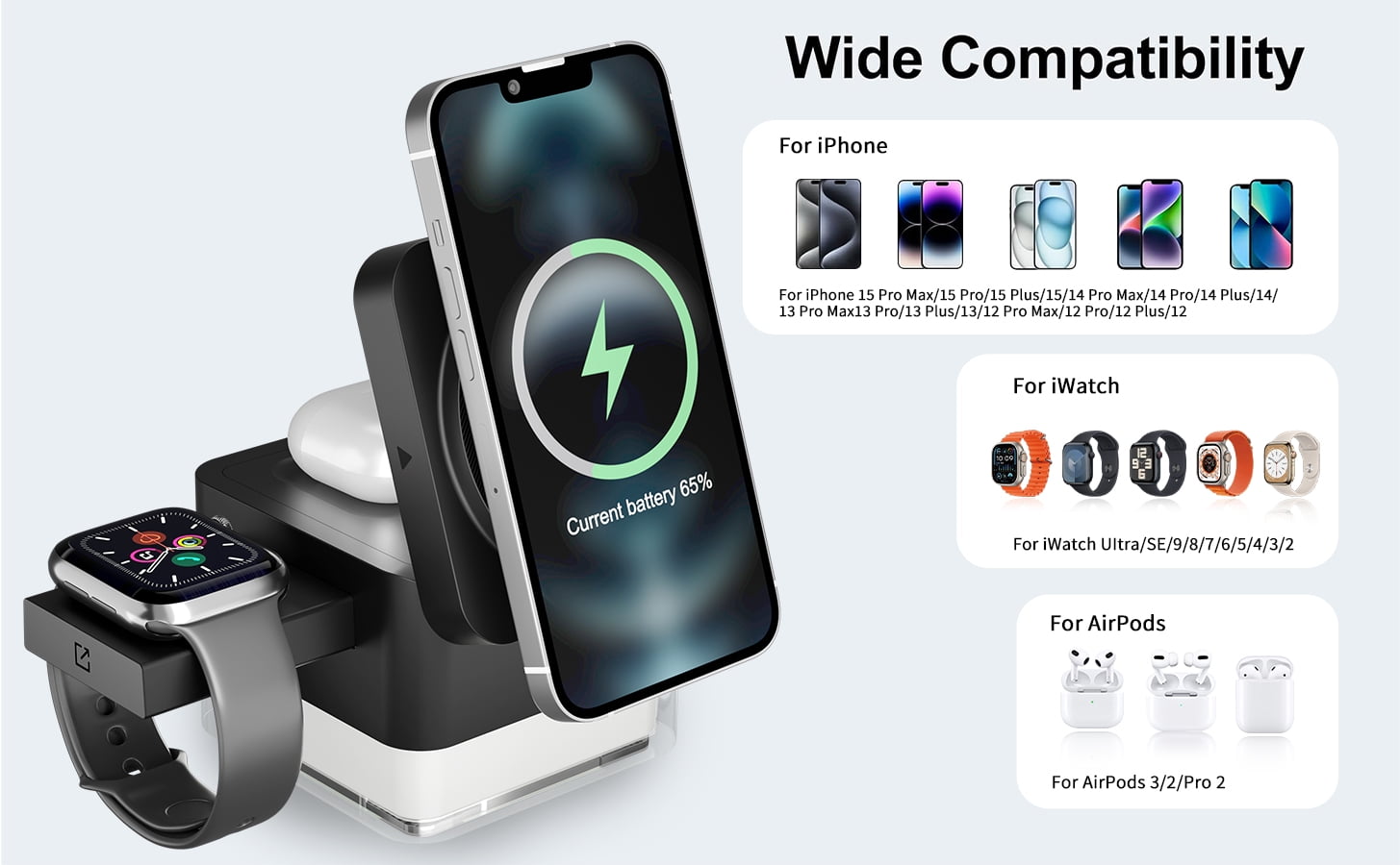 Formagix 15W Charging Station Cube;3 in 1 Magnetic Charger for iPhone, AirPods & Apple Watch