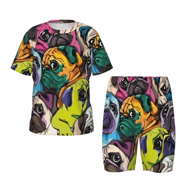 Fotbe Colorful Pug Pijama Estampada de 2 Piezas para Niños – Ropa de Dormir de Manga Corta Cómoda para Niños y Niñas, Camiseta y Shorts de Algodón-Medium