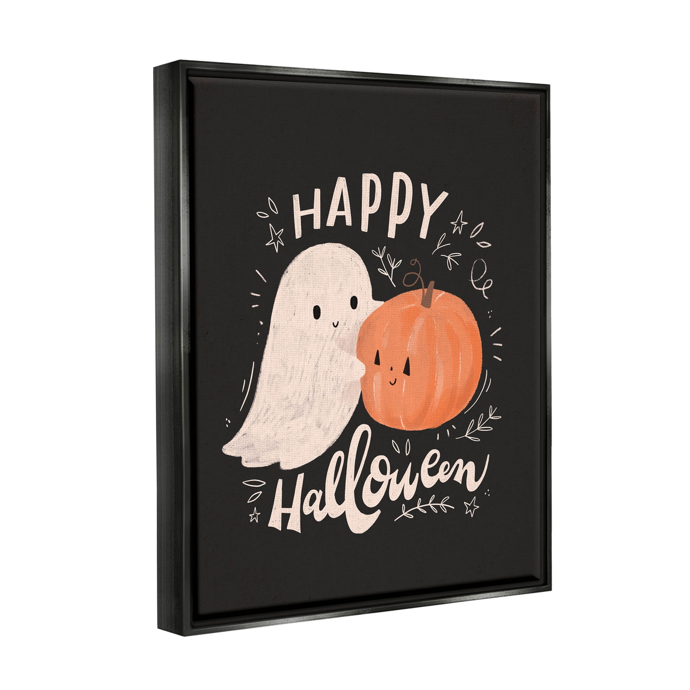 Happy Halloween Smiling Ghost Pumpkin Holiday Graphic Art Jet Black Framed Art Print Wall Art