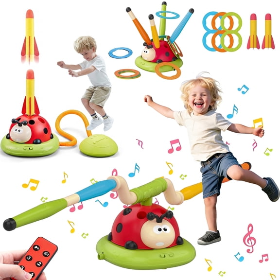 WIDELAND 3 in 1 Foot Pump Air Rocket Launcher, Musical Jump Game and Toss Ring Game for Kids 3-5 Summer Sale, Indoor Outdoor Active Toys for Toddlers 4–8, Sports Active Outside Toy Gift for Christma