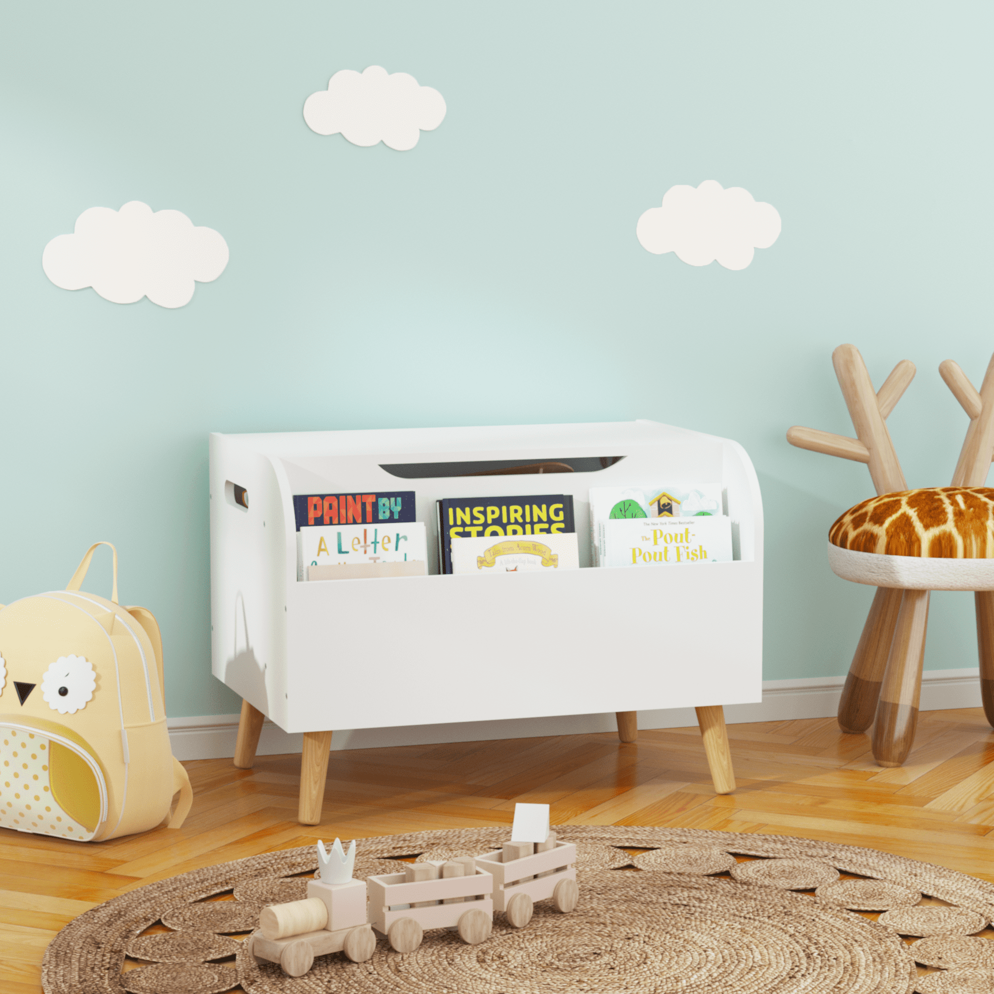 Baby Furniture, Wooden Toy Box, Kids Toy Storage Organizer with Front Bookshelf, Flip-Top Lid, Safety Hinge, Boys Girls Toy Chest Bench for Playroom Kids Room Organization (White), Kids Furniture