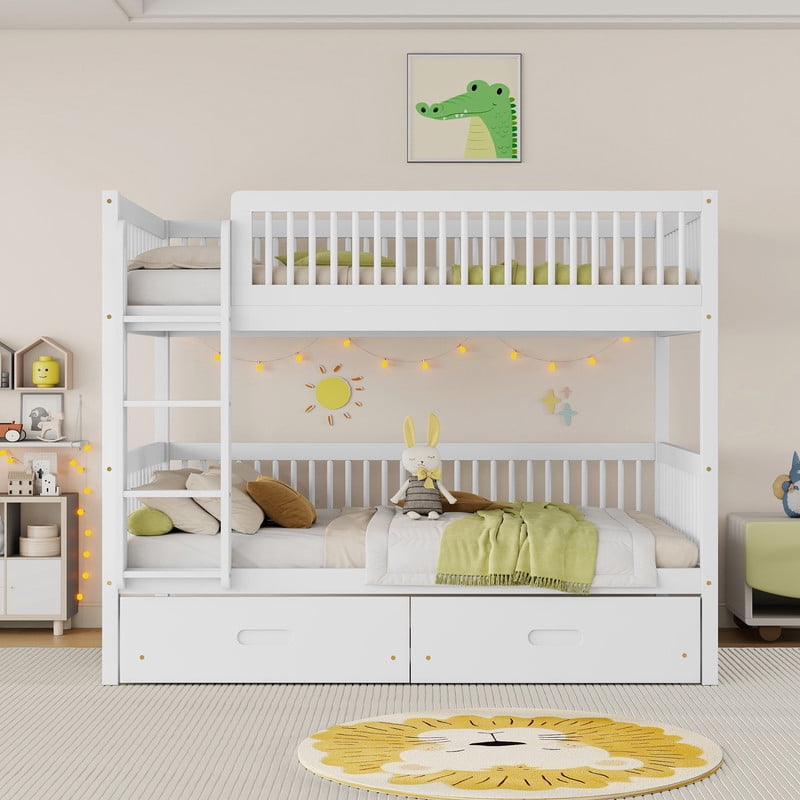 Twin-Over-Twin Wood Bunk Bed Convertible into 2 Platform Beds, Kids Storage Bed Frame with 2 Drawers, Ladder & Safety Guardrails