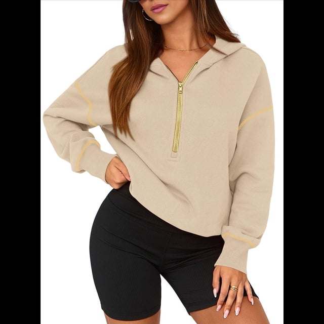 Sudadera con Capucha de Otoño para Mujer, Sudadera Corta de Larga con Media Cremallera, Jersey de Invierno, Ropa de Moda Albaricoque L