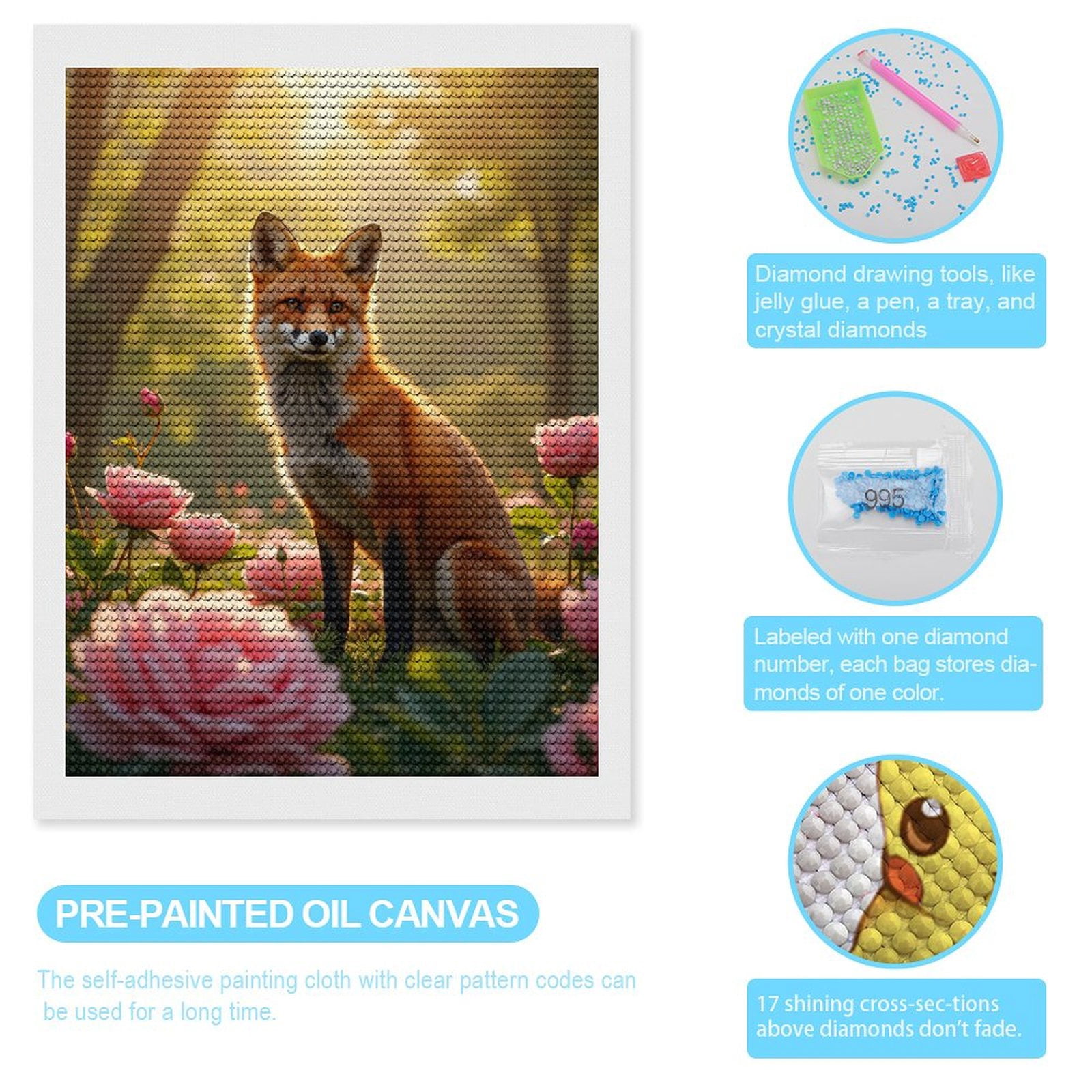 Diamond Art Kits for Adults, Fox In Blooming Garden 5D Diamond Painting Kits for Adults Beginners, DIY Full Drill Diamond Painting, Gem Art and Crafts 12x16