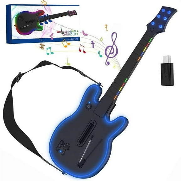 Wireless Guitar Controller Compatible with P S4/P S3/PC,  Wireless Guitar Remote with Strap/RGB Light for Guitar Hero,Rock Band Games,Sleek Black