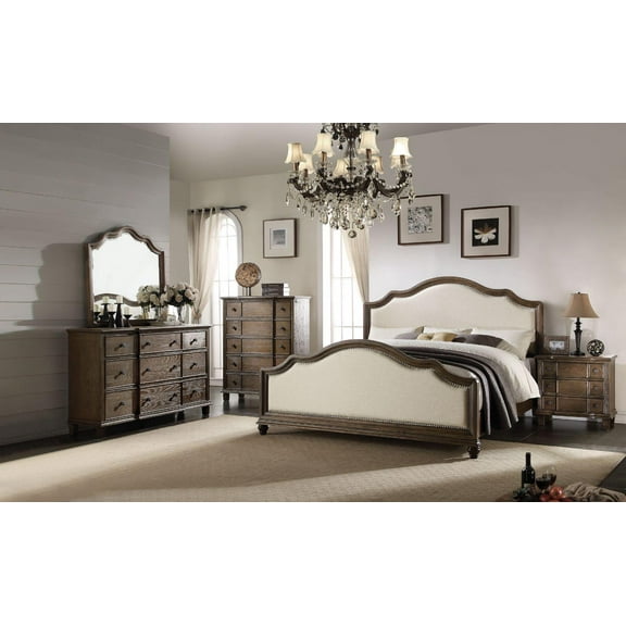 Contemporary Beige Linen & Weathered Oak 5PCS Bed Set Acme Baudouin 26110Q-5pcs