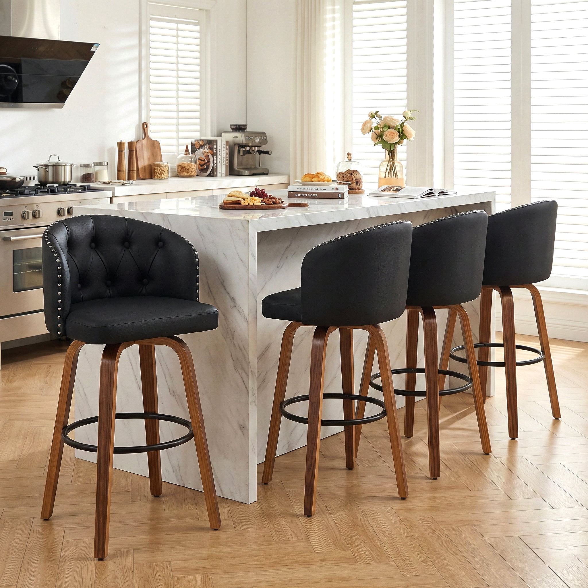 Fahomiss 28" Swivel Bar Stools with Back Set of 4, Leather Farmhouse Bar Height Stools, Black