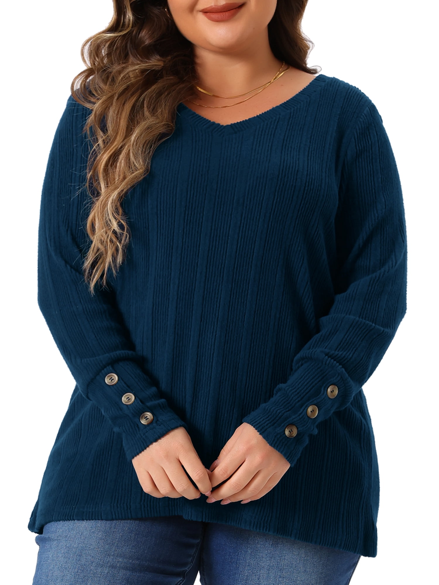 DARING DIVA Women's Plus Knit Tops V Neck Button Stretch Sweater 2X Navy Blue