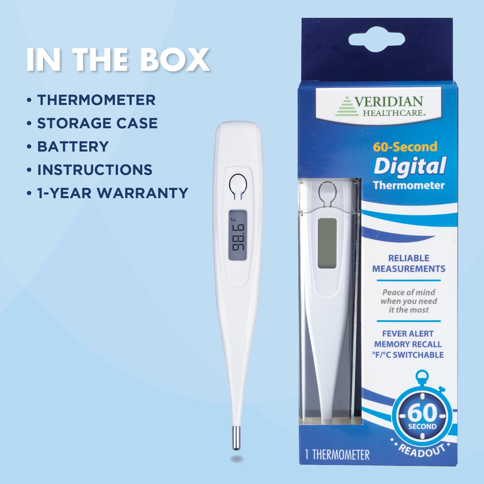 Veridian 60-Second Digital Thermometer | Fever Alert | Clinical Rigid Tip | Case & Probe Covers