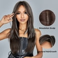 thumbnail image 3 of Synthetic Dark Brown Wig with Bangs Blonde Highlight Long Layered Wigs for Women Straight Cosplay Daily Heat Resistant Hair, 3 of 5