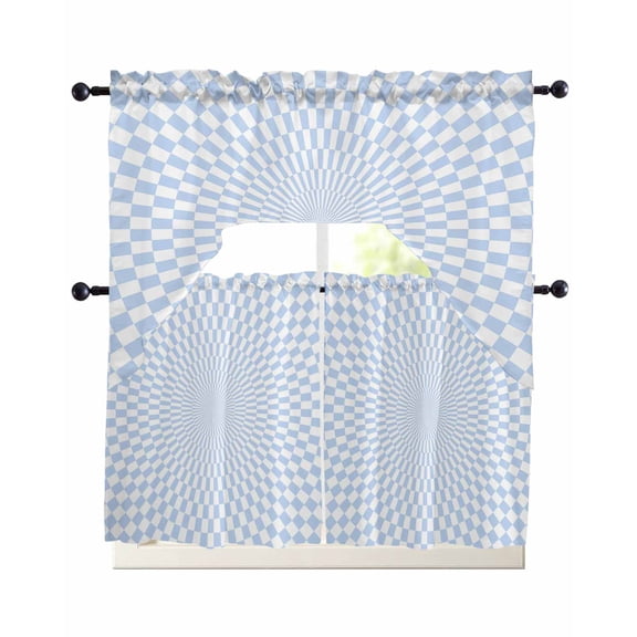 Blue White Plaid Swag Curtains for Living Room/Bedroom Windows, Modern Minimalist Geometric Checked Kitchen Curtains and Valances Set 36 Inch Length, Light Filtering Swags Valance Curtain Panels