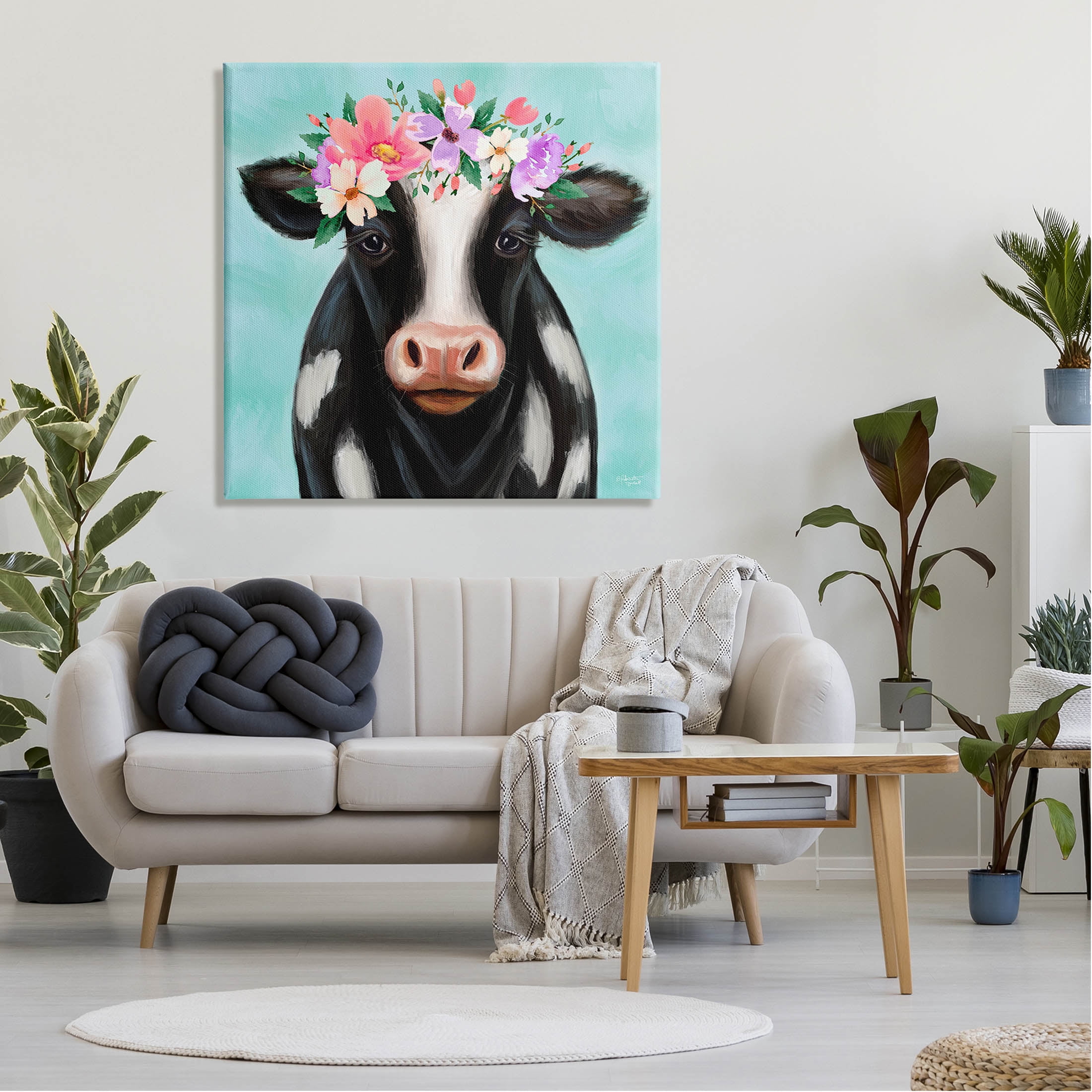 Stupell Industries Farm Cow Floral Turquoise Blossoms Painting Gallery Wrapped Canvas Print Wall Art, Design by Elizabeth Tyndall