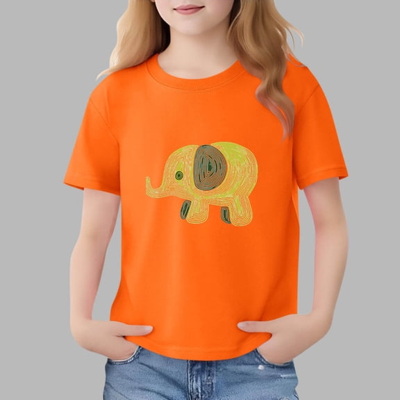 Avrnliq Girls Orange 100% Cotton Kids T-Shirt Abstract Elephant Line Art Fade-Resistant Crew Neck Short Sleeve Casual Tee (2-13Y),Size 7-8 T