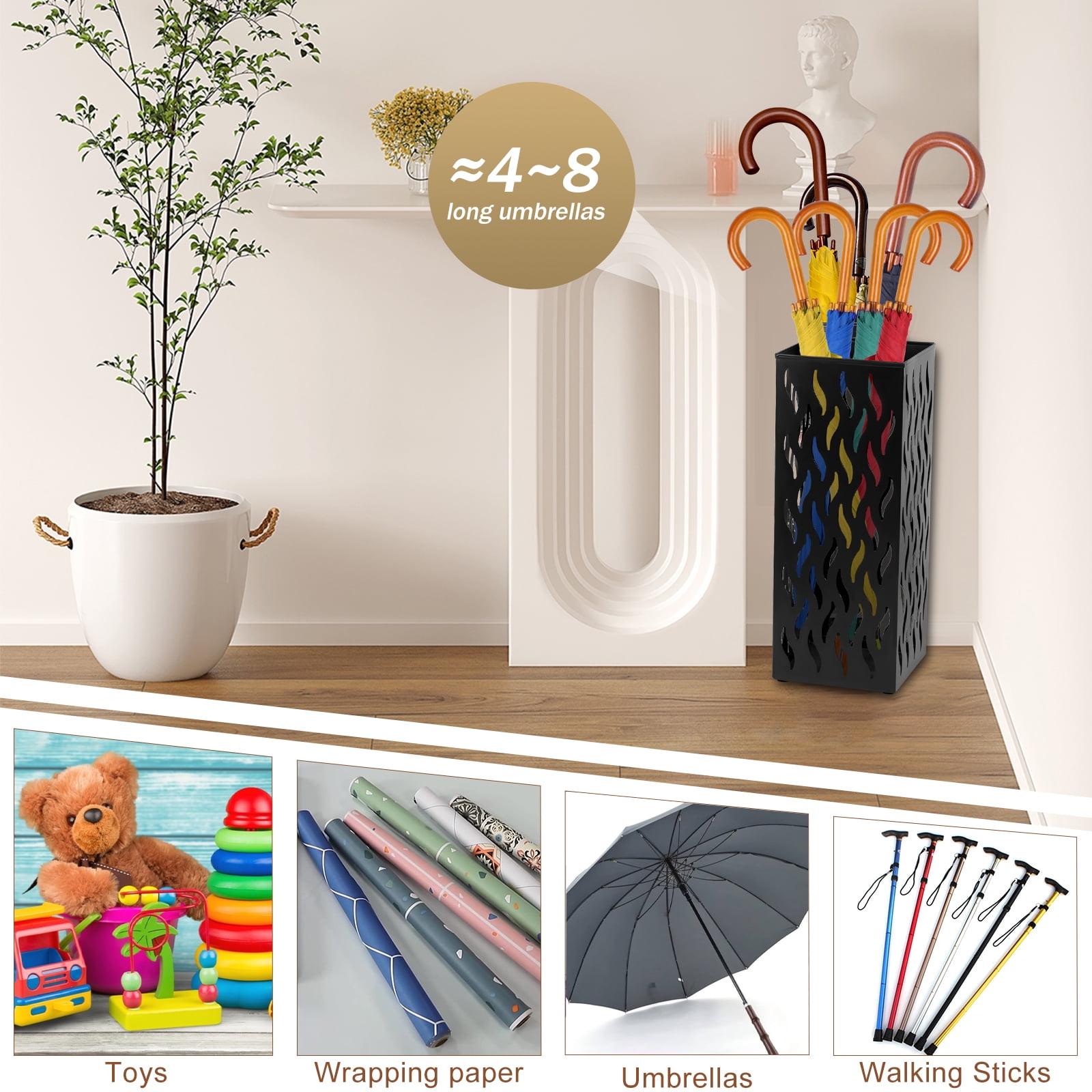 Wekvgz Metal Umbrella Indoor Holder Entryway Hollowed Square Decorative Umbrella Racks and Stands Freestanding Storage Organizer (6.5*6.5*16.5in)