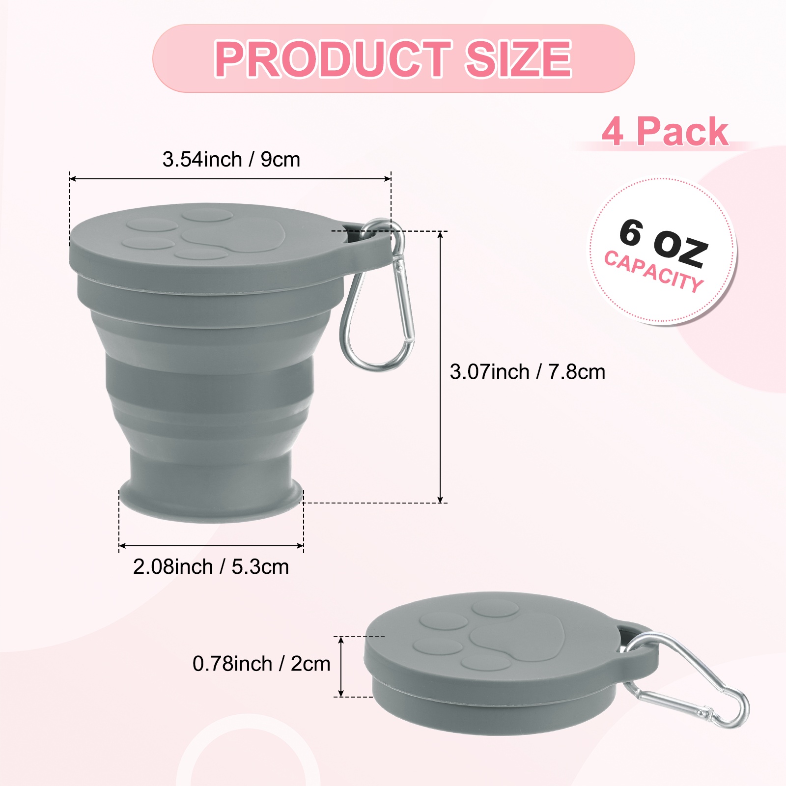 Uxcell 4 Pack Collapsible Travel Cup, 6oz(180ml) Silicone Cat Paw Portable Foldable Water Cup Bottle with Spring Buckle [Dark Gray]