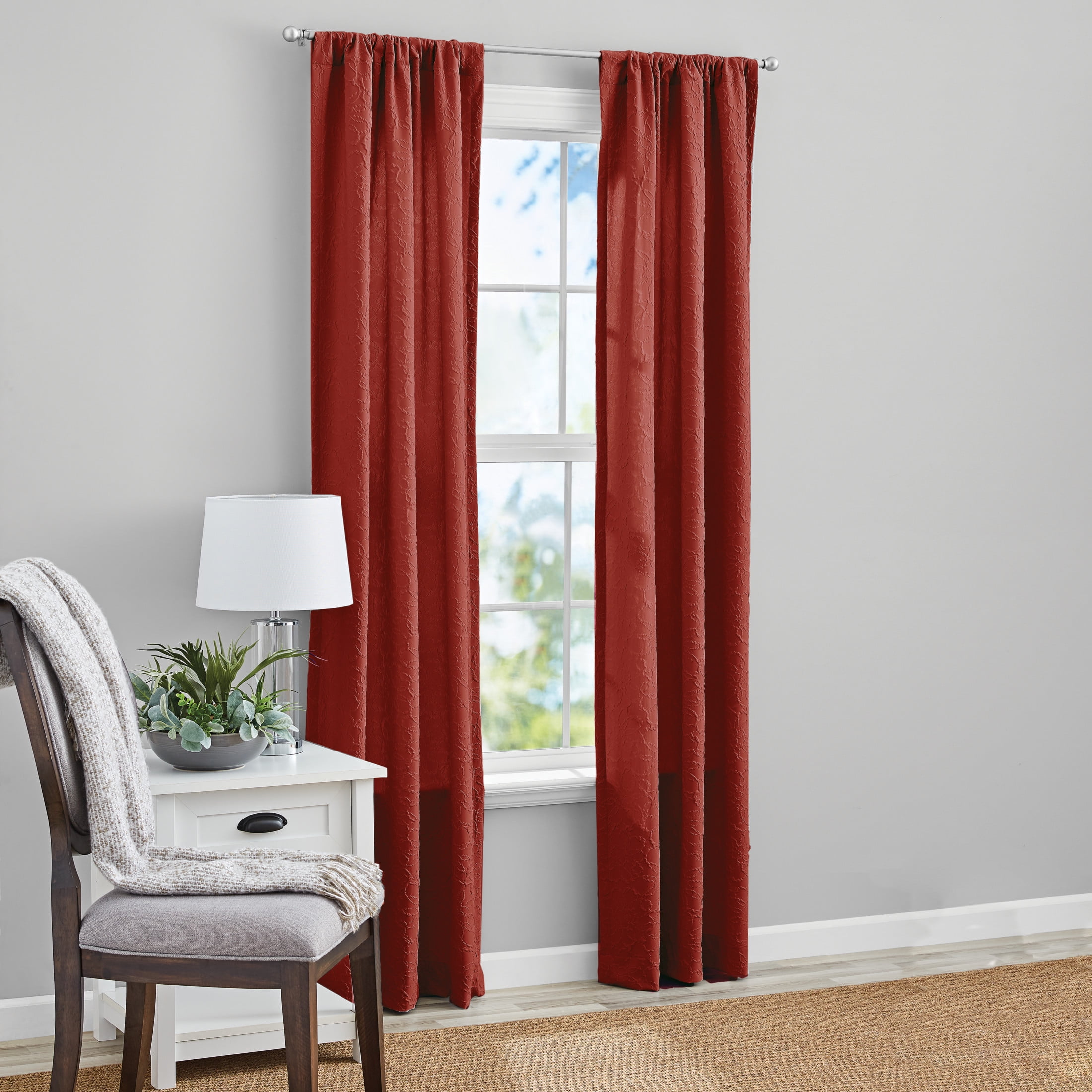 (2 pack) Mainstays Microsculpt Floral Rod Pocket Curtain Panels, Set of 2, Red Paprika, 37" W x 84" L