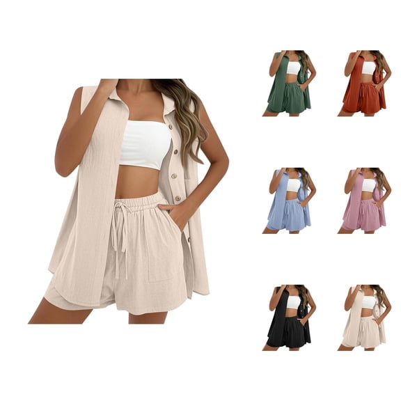 Short Sets for Women Sleeveless Button Down Collared Shirt and Shorts 2 Piece Matching Set Womens Lounge Set