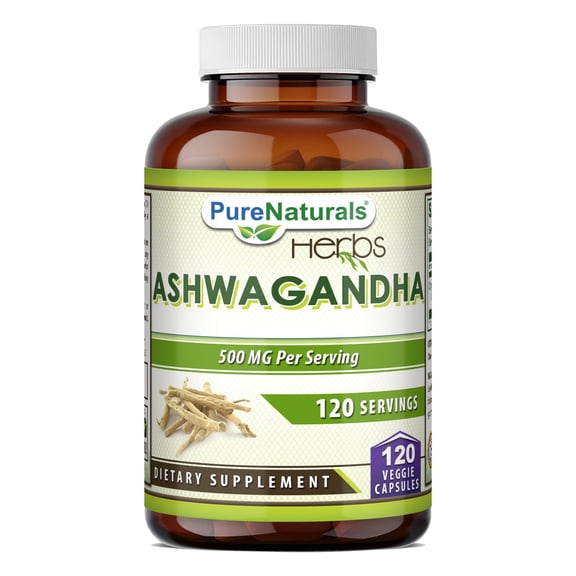 Pure Naturals Ashwagandha(Withania somnifera) 500 Mg Per Serving 120 Veggie Capsules Supplement | Non-GMO | Gluten Free| Suitable for Vegetarians