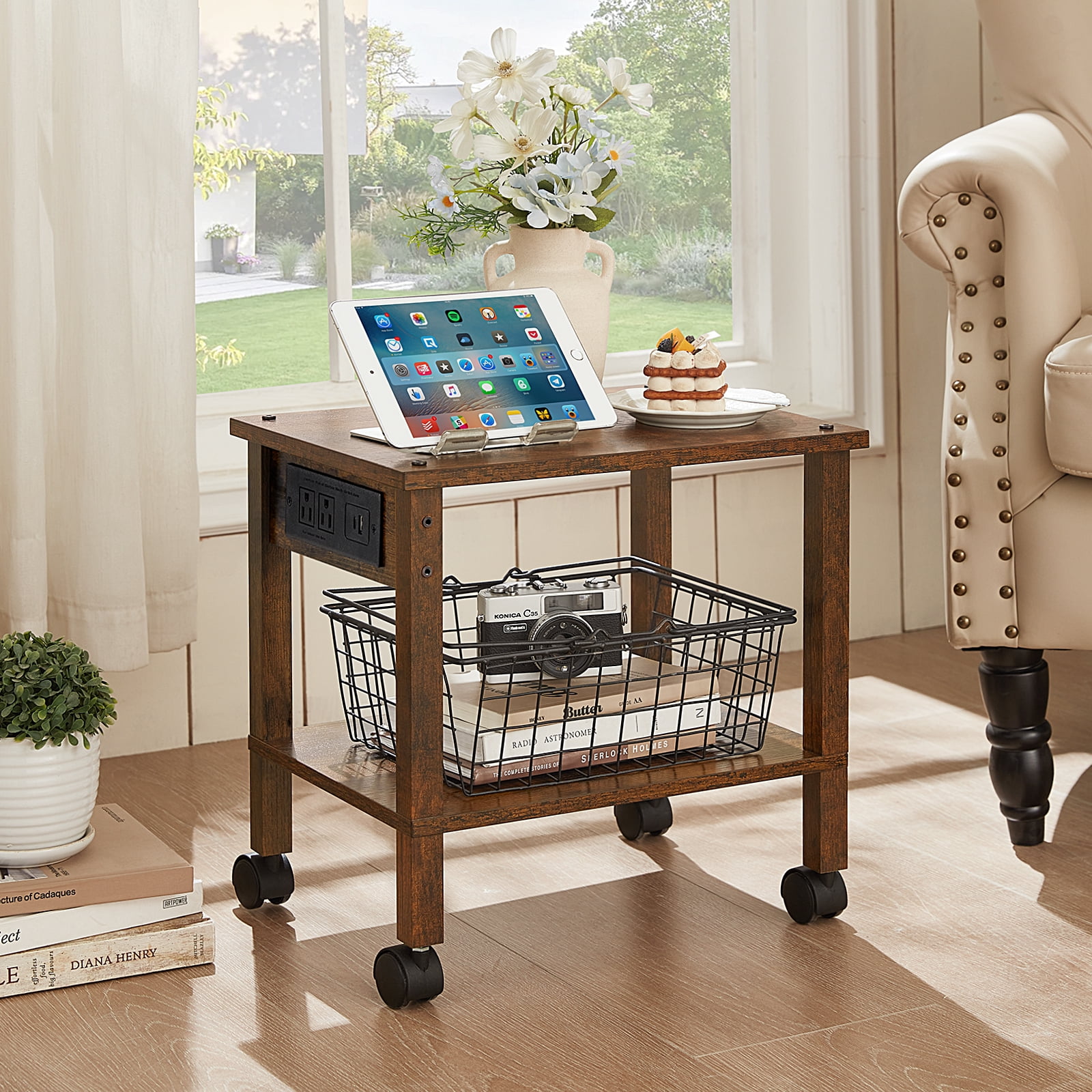 LEYAOYAO 2-Tier Printer Stand for Desk with Storage, Wooden Desktop Organizer Shelf & Charging Station, Saves Space for Home Office, Brown