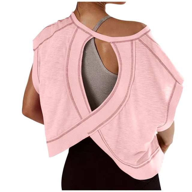 asjyhkr Womens Workout Tops Open Back Oversized Athletic T Shirts Backless Short Sleeve Tees