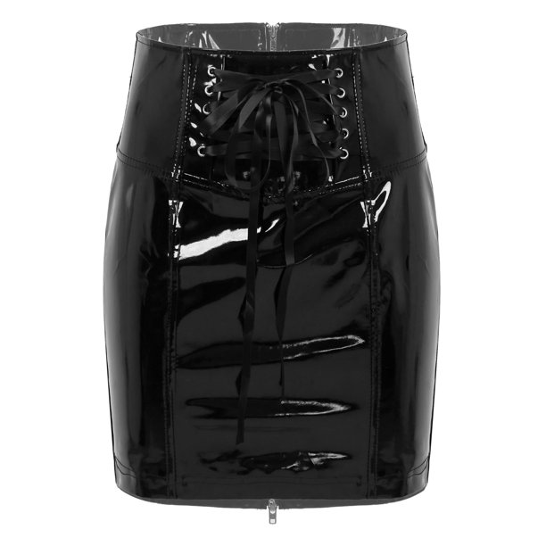 Womens Wet Look Patent Leather Pencil Skirts Lace-up Skirt High Waist Zipper Back Slim Fit Sexy Girls Skirts For Party Night OutL Gong Bohan LED
