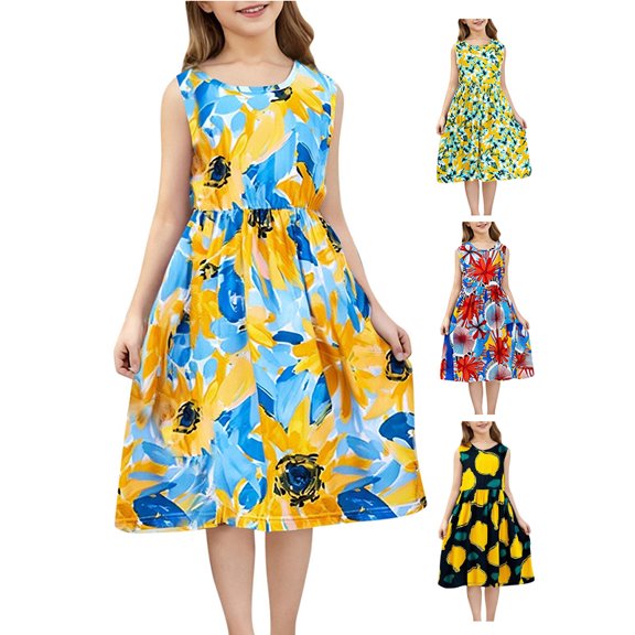 Afuyipoi Girls Sleeveless Sundress Size 2-11Y Lemon Print Casual Tank Dress for Kids Summer Vacation Travel Black Size 3T
