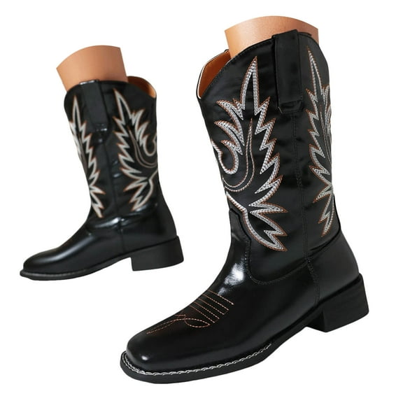 Mostsola Embroidery Cowboy Boots for Women Fashion Square Toe Wide Mid Calf Western Black Boots