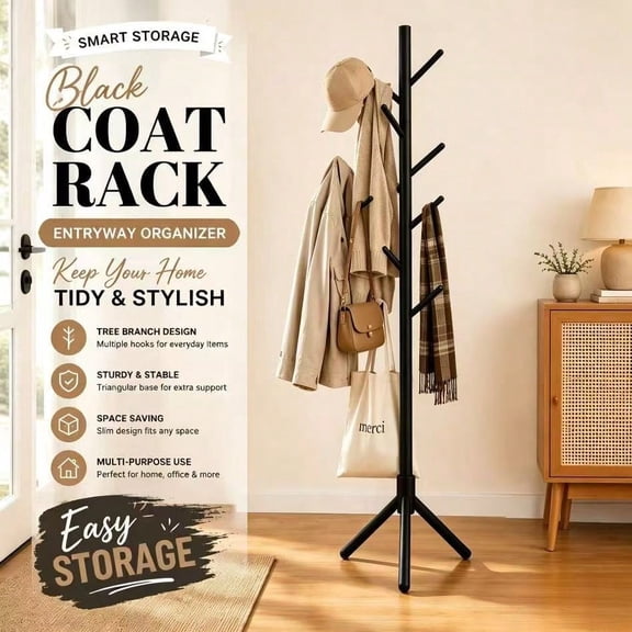 Solid Wood Coat Rack, Freestanding Tree Branch Coat Tree with Multiple Hooks and Triangular Base, Space-Saving Entryway Organizer for Coats, Hats, Bags & Scarves, Black